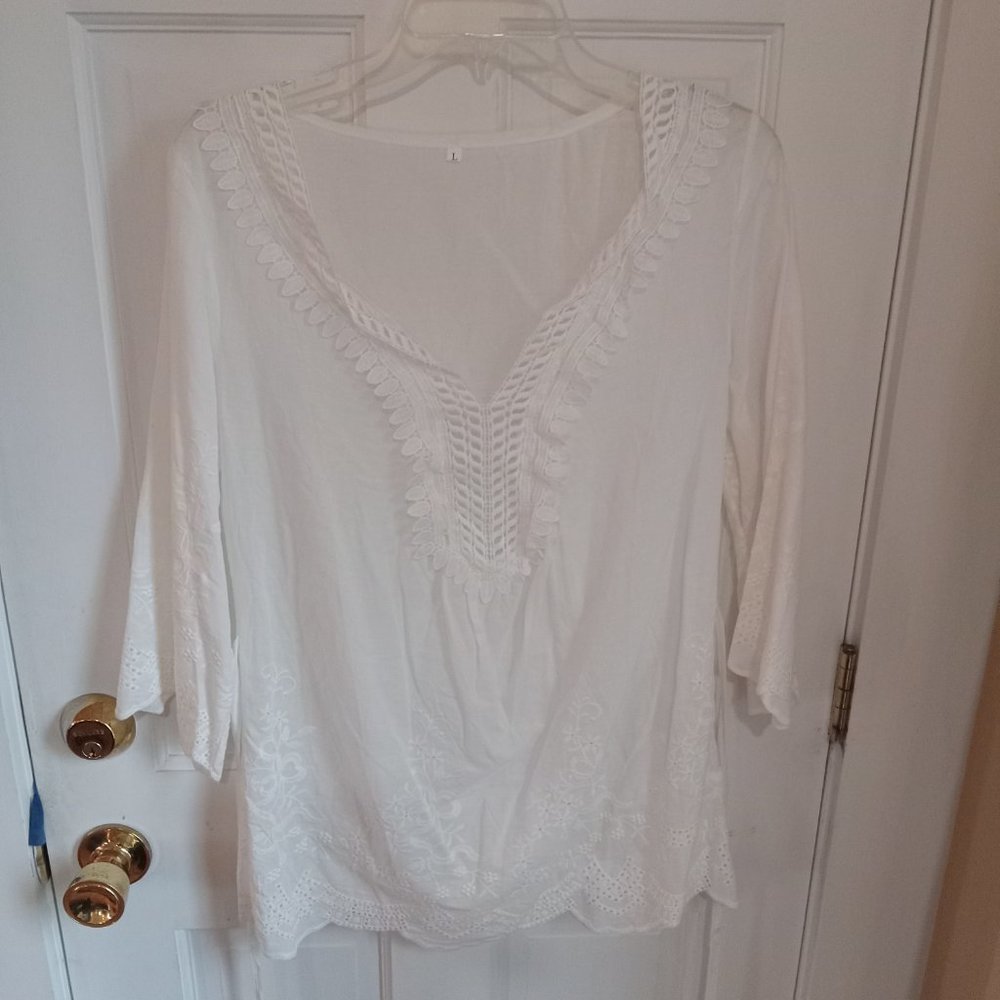 White Lace Cotton Floral Design Blouse Women Large